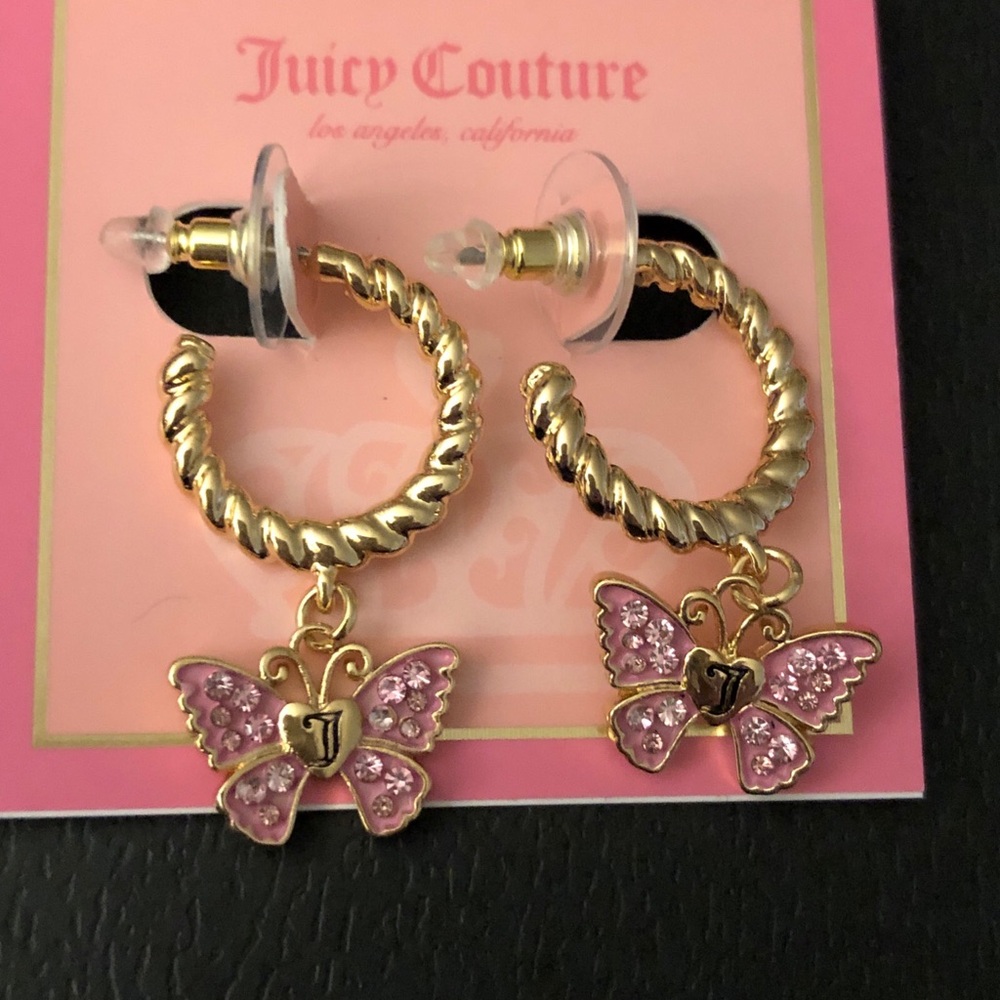 Juicy Couture Twisted C-Shaped Hoop Earrings Butterfly Charm Pink Crystal NWT